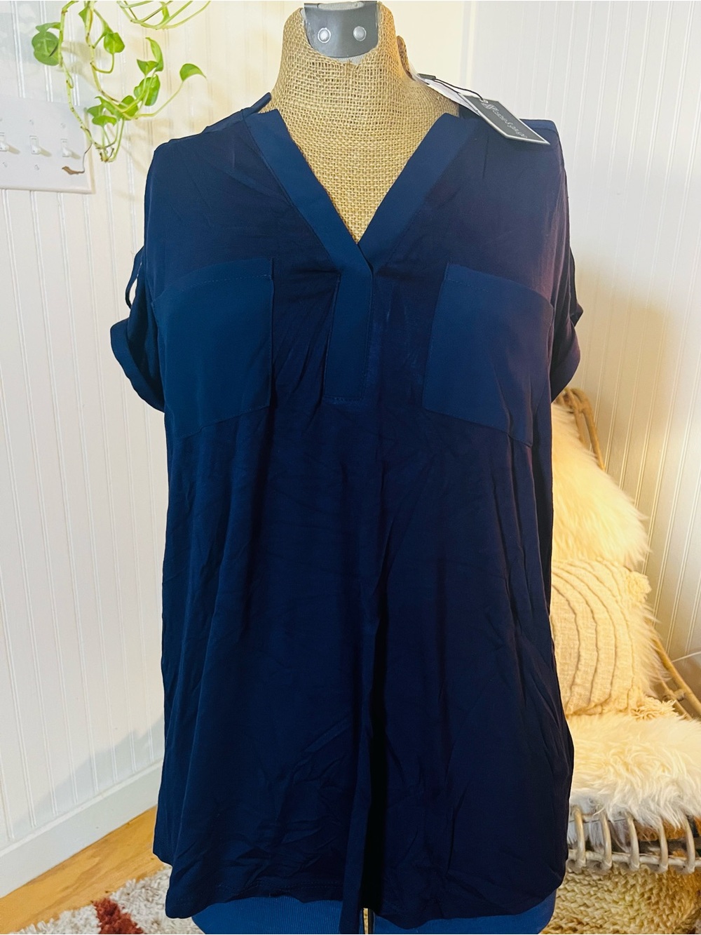 Classic Cable & Gauge Navy V‑Neck Women's Blouse